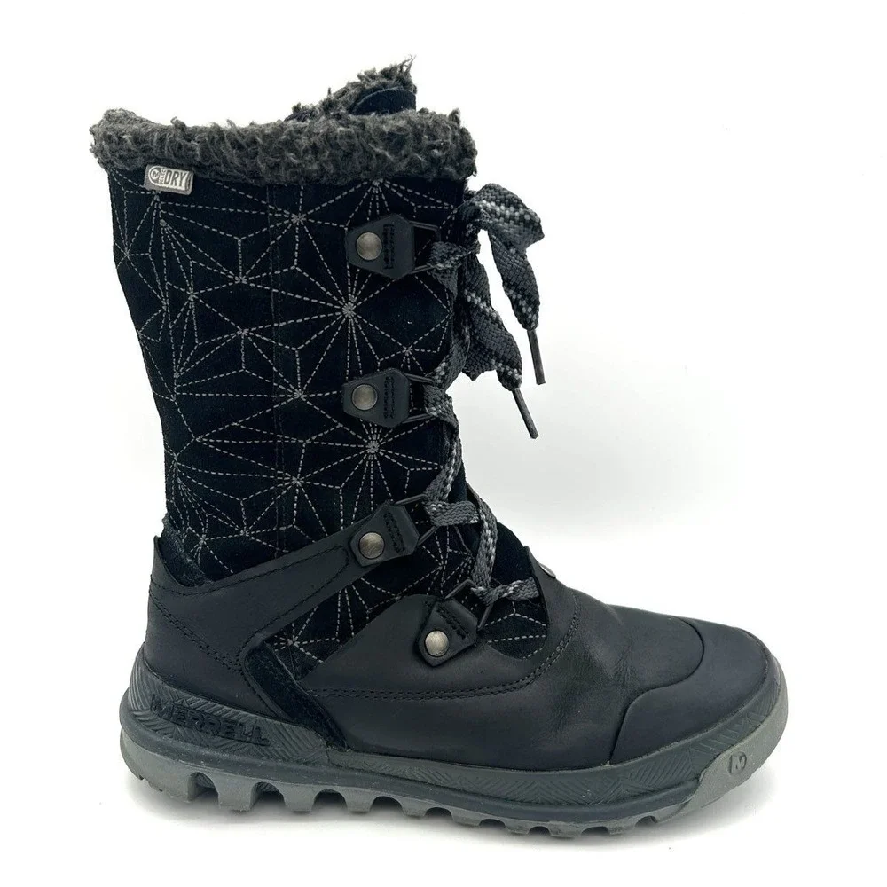 Merrell Women's Winter Boots 7 Black Waterproof Faux Fur Lined LaceUp Mid Calf
